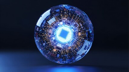 A 3D render of a futuristic AI core or CPU, showing a glowing central processor inside a glass sphere with intricate, illuminated circuits.