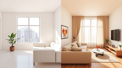 Illustration of a split image showing an empty room contrasted with a beautifully furnished living room