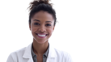 Smiling medical professional in white coat, isolated on white background.