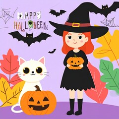 Charming Halloween Illustration Featuring a Cute Witch, Cat, and Festive Decorations
