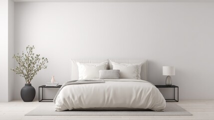 Elegant minimalist bedroom with a neutral color palette, isolated on a white background