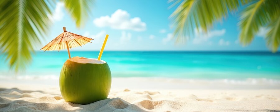 Green coconut drink with umbrella and straw sits on white sand beach. Turquoise ocean, blue sky, palm leaves frame scene. Summer vacation relaxation, tropical island paradise, natural beauty.