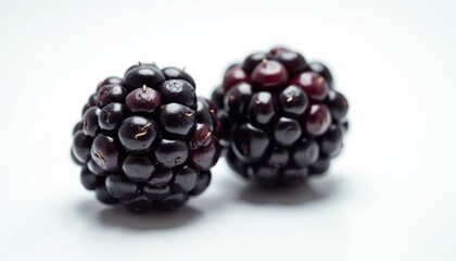 Two ripe blackberries sit on clean white background, deep purple, almost black, surfaces gleaming with natural moisture. Berry detailed texture of drupelets, hinting at juicy, sweet flavor. Macro