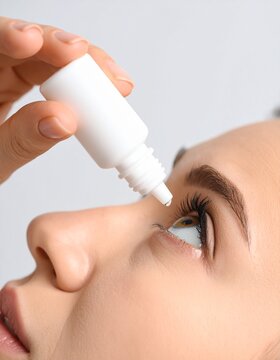 Primer plano de una mano de mujer con un peque&ntilde;o bote blanco echando colirio en un ojo irritado. Salud y medicina