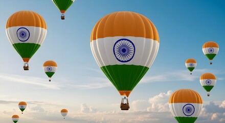 Hot air balloons with Indian flag colors flying in blue sky