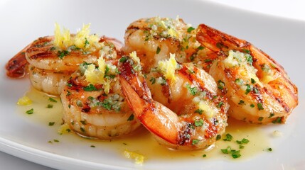 Elegant plating of grilled shrimp with garlic butter and fresh lemon zest, isolated on a white background