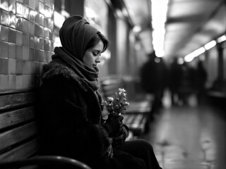 Melancholic Woman in a Scarf and Coat Holding a Small Bouquet of Flowers While Sitting Alone on a Wooden Bench in a Tiled Subway Station, Captured in Black-and-White