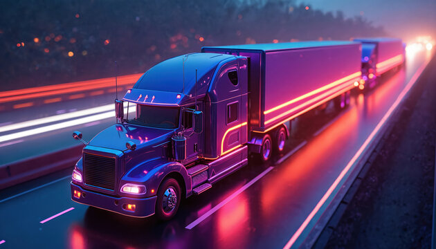 Futuristic neon-lit semi-trucks travel on glowing highway at night. Digital rendering autonomous trucks with geometric patterns, abstract light trails, representing advanced logistics, transportation