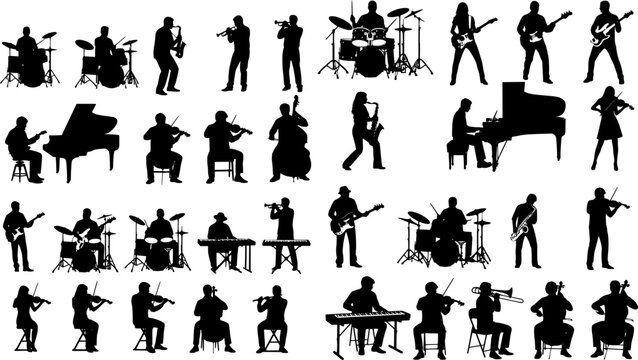 Large group silhouettes set of musicians playing various musical instruments vector collection.
