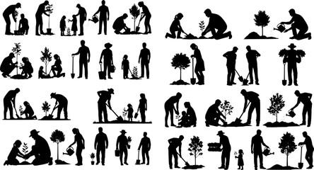 Naklejka premium Silhouette of people planting trees various poses set collection. Family gardening and planting trees outdoor different poses silhouette set. 