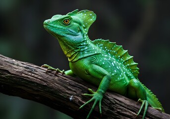 Obraz premium Photo of closeup of a vibrant green basilisk lizard with detailed scales and a prominent crest, perched on a textured tree branch in its natural habitat