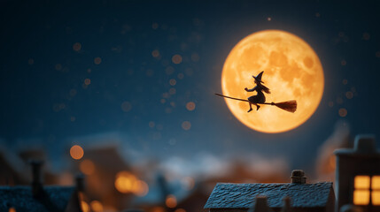 Witch Silhouette Flying Against Full Moon