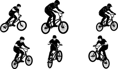 Fototapeta premium Man with helmet riding bmx jumping black silhouette vector. Isolated male riding bmx bike in bmx racing game black silhouette. 
