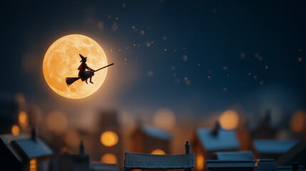 Witch Silhouette Flying Across Full Moon