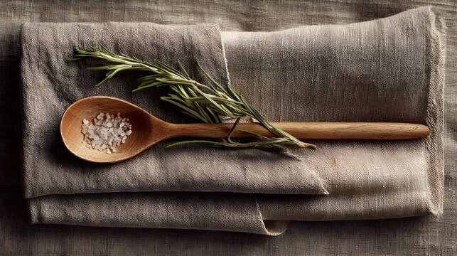 Wooden spoon with salt and rosemary sprigs on folded linen.