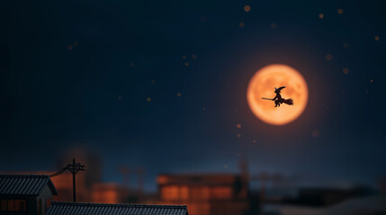 Witch Silhouette Flying Across Full Moon Night
