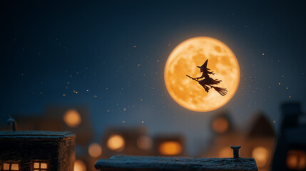 Witch Silhouette Against Full Harvest Moon