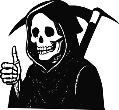 Grim Reaper Skeleton With Scythe Giving Thumbs Up Black And White death halloween