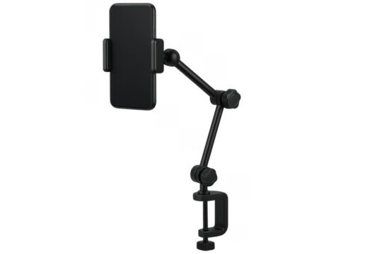 Adjustable phone holder clamp displaying smartphone with transparent background