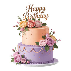 A twotiered birthday cake with floral decorations and a happy birthday topper isolated on transparent background