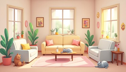 Living Room with Cats and Plants Interior Design