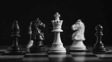 Chess pieces arranged in a dramatic final checkmate pose on a matte black surface