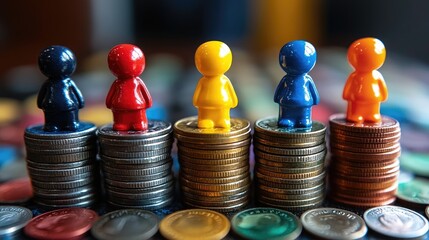 Colorful figurines standing on stacks of coins. Diverse people representing financial success.