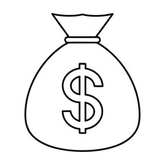 Outline graphic of a money bag with a prominent currency symbol representing wealth and financial transactions