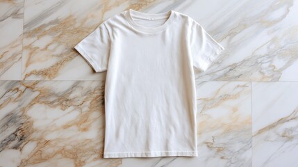 Clean white T-shirt laid out on marble surface with copy space around it