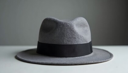 Gray Fedora Hat with Black Band on White Surface