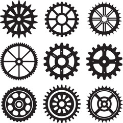 Collection of black gear wheel silhouettes