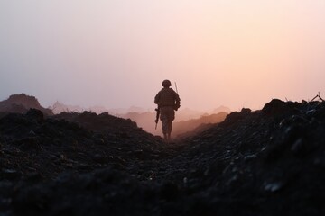 Fototapeta premium Silhouette of a lone soldier with rifle walking through bomb crater field, scattered debris, pale dawn light.