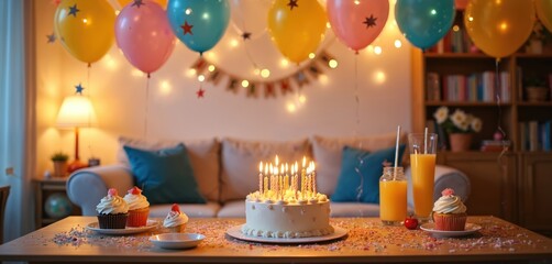 Cozy living room birthday party setup featuring colorful balloons, string lights, decorated cake with lit candles on table. Includes cupcakes, orange juice drinks, creating festive atmosphere for