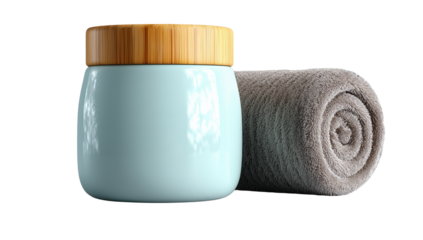 Light Blue Cosmetic Jar with Wooden Lid and Rolled Gray Towel on Transparent Background