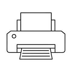 Outline illustration of a printer with a stack of paper in a queue representing printing services and workflow
