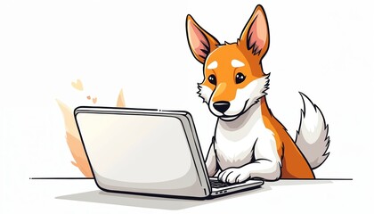 Charming illustration of wire fox terrier dog intently working on laptop. Cute puppy animal exhibits technological proficiency, concentration. Digital artwork with whimsical, friendly vibe, ideal for