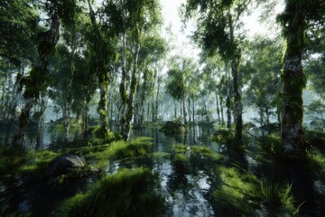 Fototapeta premium Lush forest, tranquil swamp, sunlight filtering