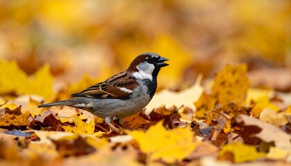 Sparrow in Autumn Leaves (1)