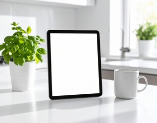 A digital tablet with a blank screen facing forward, placed on a clean white kitchen table.,tablet pc with green screen