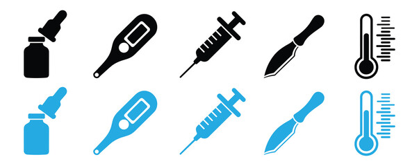 Medical icon set. Containing doctor, medicine, hospital, treatment, healthcare, nurse, pills, clinic and more.Medical icon set. Collection of vaccine, stethoscope, x-ray, oxygen mask, 