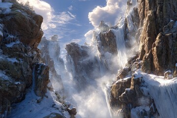 Snowy mountain peaks, dramatic waterfalls, icy cliffs