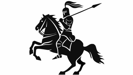 Obraz premium Silhouette of a knight in armor riding a rearing horse and holding a spear in a black and white image