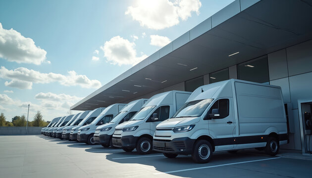 Electric vehicle fleet lined up at modern charging station in logistics hub. Vans await power for sustainable transportation. Clean energy infrastructure fuels future mobility, efficient operations.