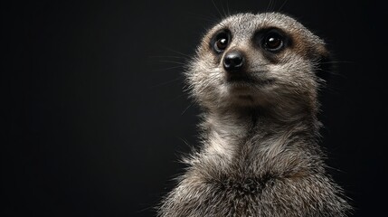 Fototapeta premium Close-up of a meerkat, looking upward against a dark background