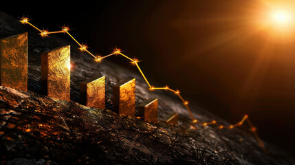 Golden bars represent growth and success, with fluctuating line graph illustrating market trends. warm light adds sense of optimism and achievement to financial theme