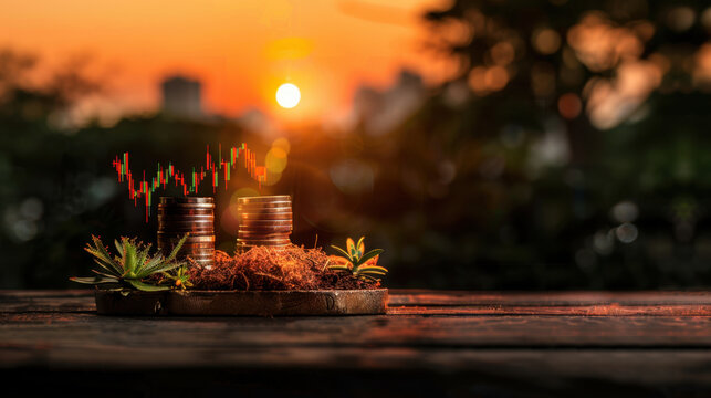 Investing in financial growth is symbolized by coins stacked on wooden surface, surrounded by greenery, with sunset backdrop and stock market graph overlay, evoking sense of prosperity and hope