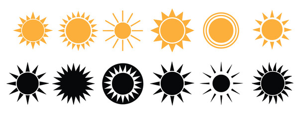 Sun icon set. Yellow ands black sun icons. Shine sun ray set. Sunset icon collection. Yellow sun star icons.Sun icon set. Yellow ands black sun icons. Shine sun ray set. Sunset icon collection.
