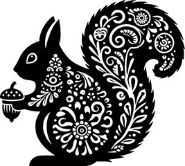 Squirrel Solid Black Color Vector Silhouette in Mexican Folk Art Style
