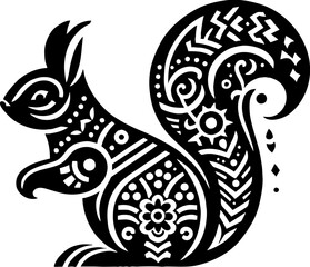 Squirrel Solid Black Color Vector Silhouette in Mexican Folk Art Style