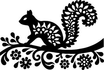 Squirrel Solid Black Color Vector Silhouette in Mexican Folk Art Style